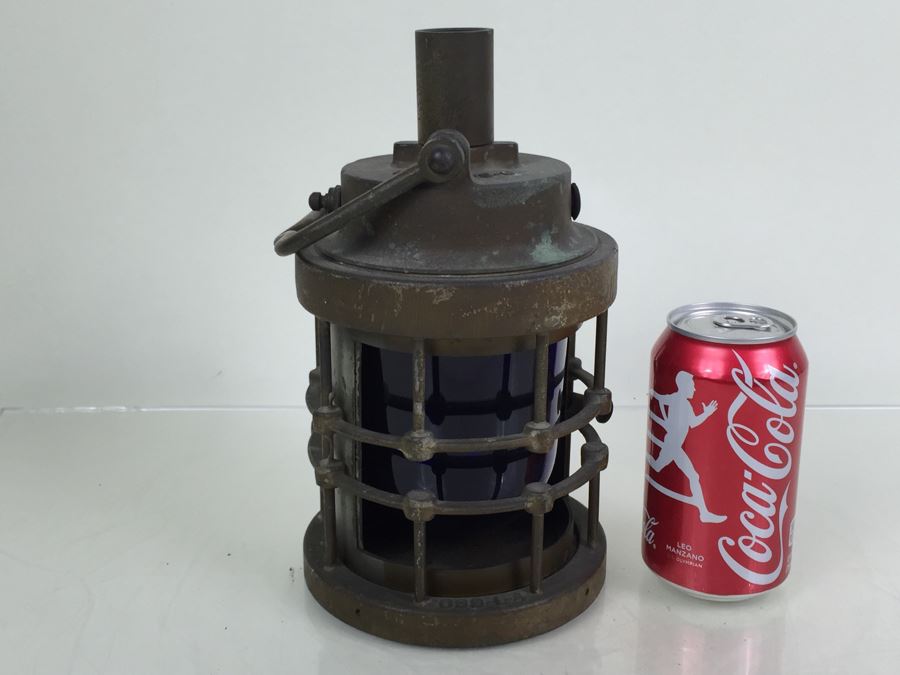Stunning Antique Bronze Industrial Ship Lantern Maritime With Blue Glass Marked '2099-L-4' '9-S-2108-L' [Photo 1]