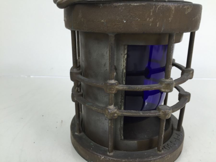 Stunning Antique Bronze Industrial Ship Lantern Maritime With Blue Glass Marked '2099-L-4' '9-S-2108-L' [Photo 13]