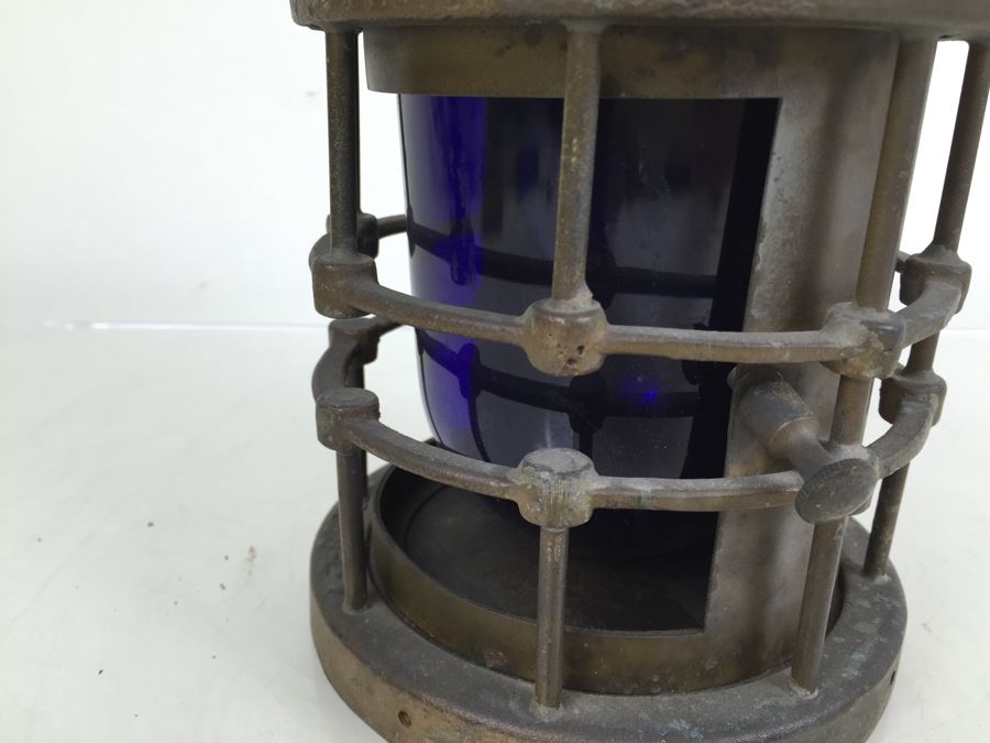 Stunning Antique Bronze Industrial Ship Lantern Maritime With Blue Glass Marked '2099-L-4' '9-S-2108-L' [Photo 11]