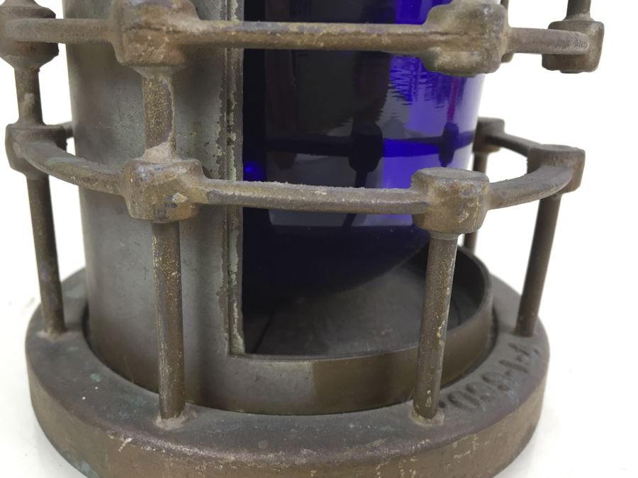 Stunning Antique Bronze Industrial Ship Lantern Maritime With Blue Glass Marked '2099-L-4' '9-S-2108-L' [Photo 15]