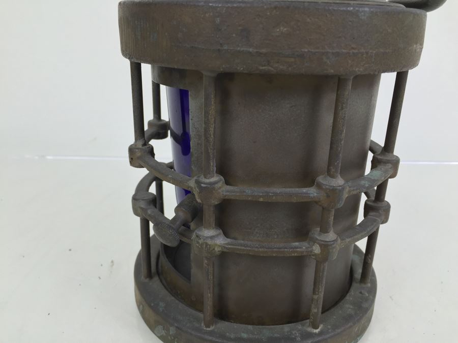 Stunning Antique Bronze Industrial Ship Lantern Maritime With Blue Glass Marked '2099-L-4' '9-S-2108-L' [Photo 10]