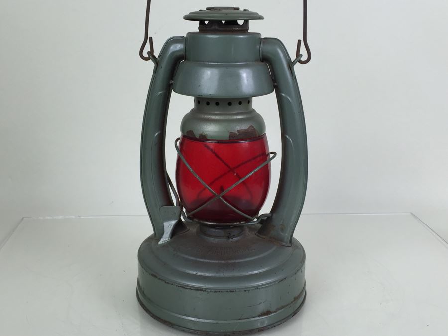 Vintage Embury Lantern Green With Red Globe Little Air Pilot No. 350 Stamped 'Property Of Comm. Of Mass Dept. Of Public Works' [Photo 15]