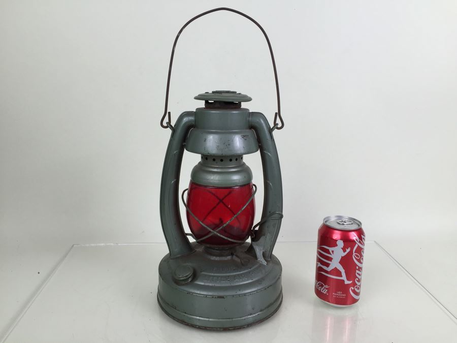 Vintage Embury Lantern Green With Red Globe Little Air Pilot No. 350 Stamped 'Property Of Comm. Of Mass Dept. Of Public Works'