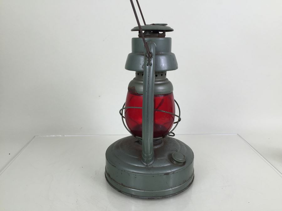Vintage Embury Lantern Green With Red Globe Little Air Pilot No. 350 Stamped 'Property Of Comm. Of Mass Dept. Of Public Works' [Photo 3]