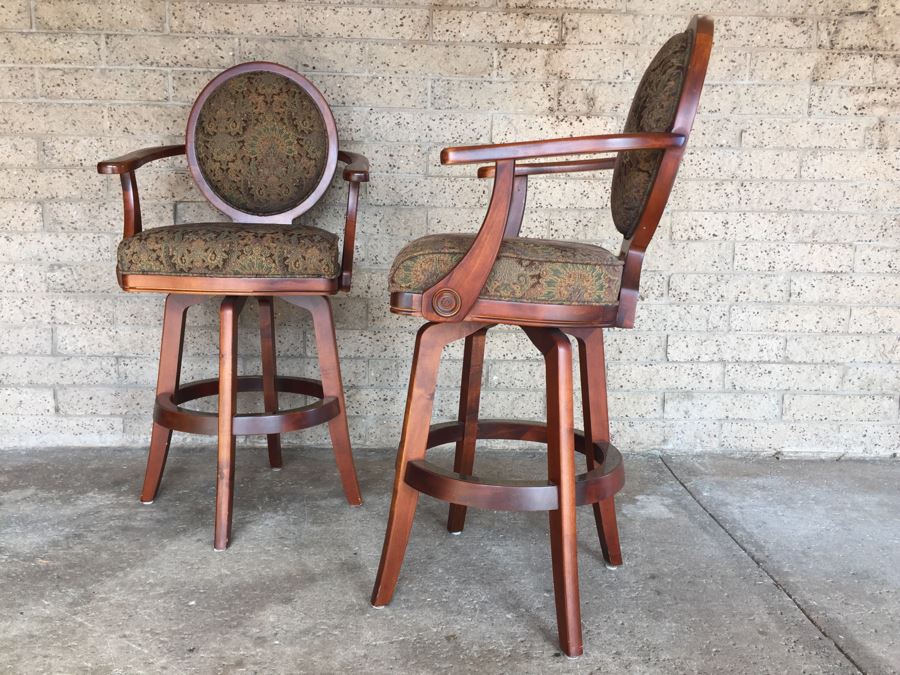 Pair Of Solid Wood Swivel Bar Stools Armchairs [Photo 2]