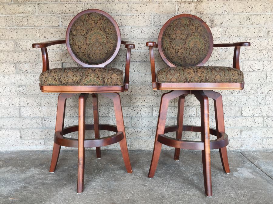 Pair Of Solid Wood Swivel Bar Stools Armchairs [Photo 4]