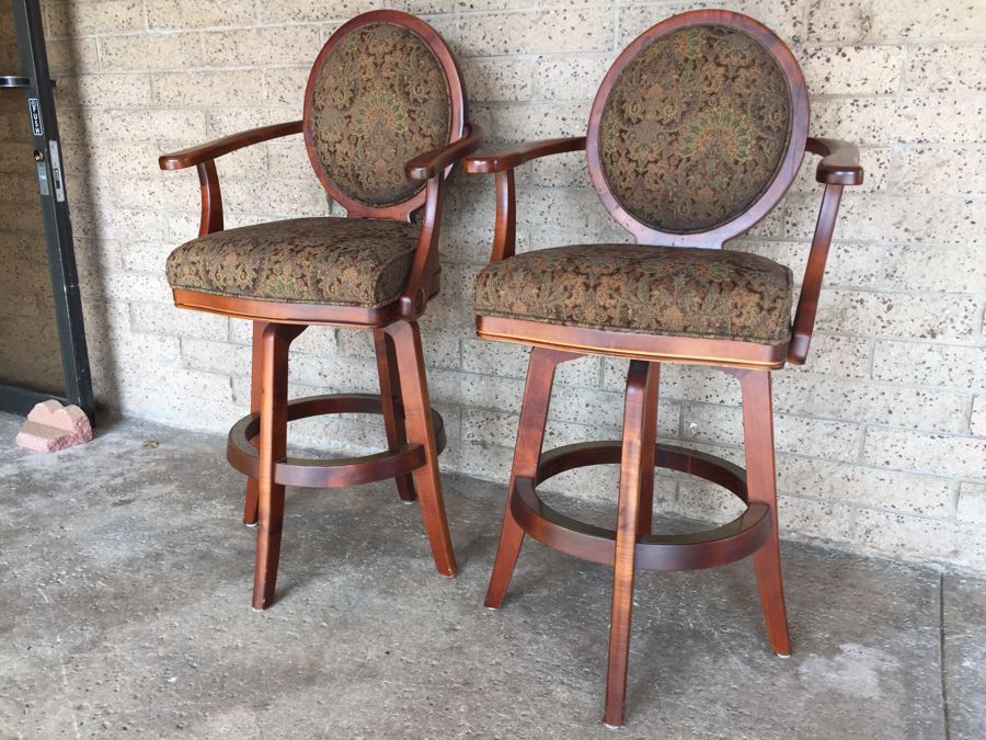 Pair Of Solid Wood Swivel Bar Stools Armchairs [Photo 5]