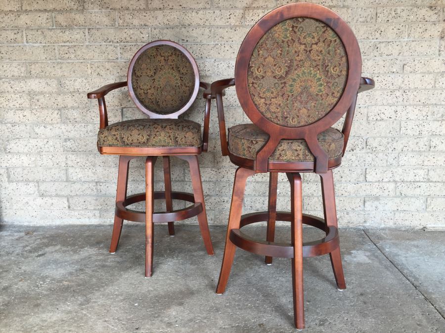 Pair Of Solid Wood Swivel Bar Stools Armchairs [Photo 7]