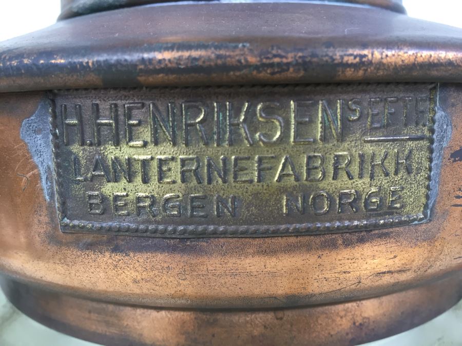 Vintage H. Henriksens Copper And Brass Lantern EFTF Lanternefabrikk Bergen Norge Marine Port Norway [Photo 3]