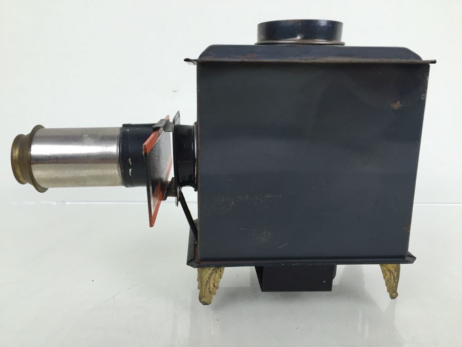 Antique Magic Lantern Ernest Plank Lantern Projector With 1 Glass Slide Film Projector E.P. Made In Germany Great Condition [Photo 14]