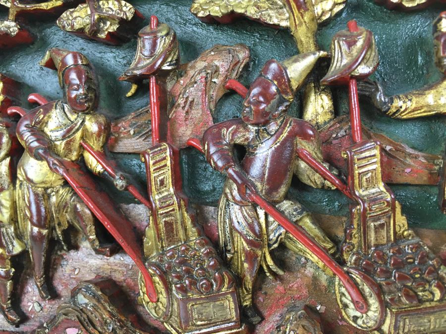 Vintage Signed Chinese Carved Wood Gold & Red Painted Panel [Photo 9]