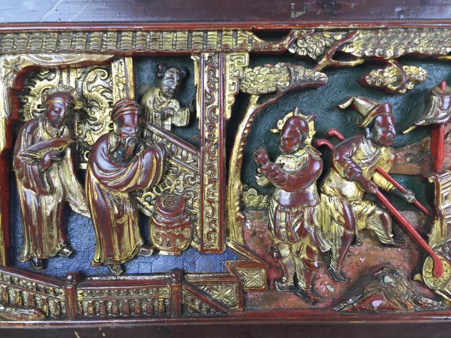 Vintage Signed Chinese Carved Wood Gold & Red Painted Panel [Photo 6]