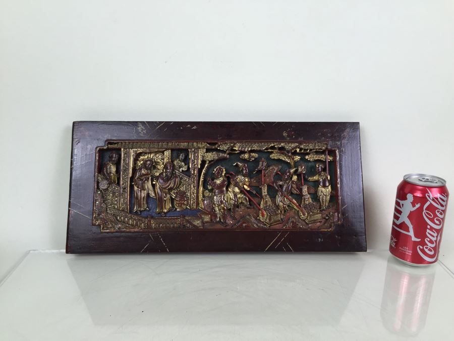 Vintage Signed Chinese Carved Wood Gold & Red Painted Panel [Photo 4]