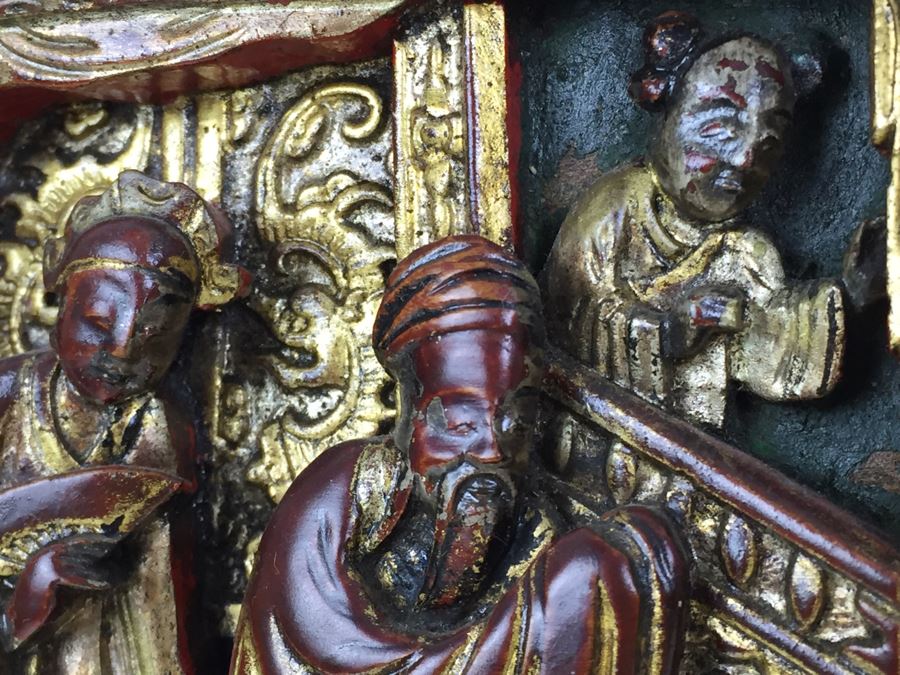 Vintage Signed Chinese Carved Wood Gold & Red Painted Panel [Photo 16]
