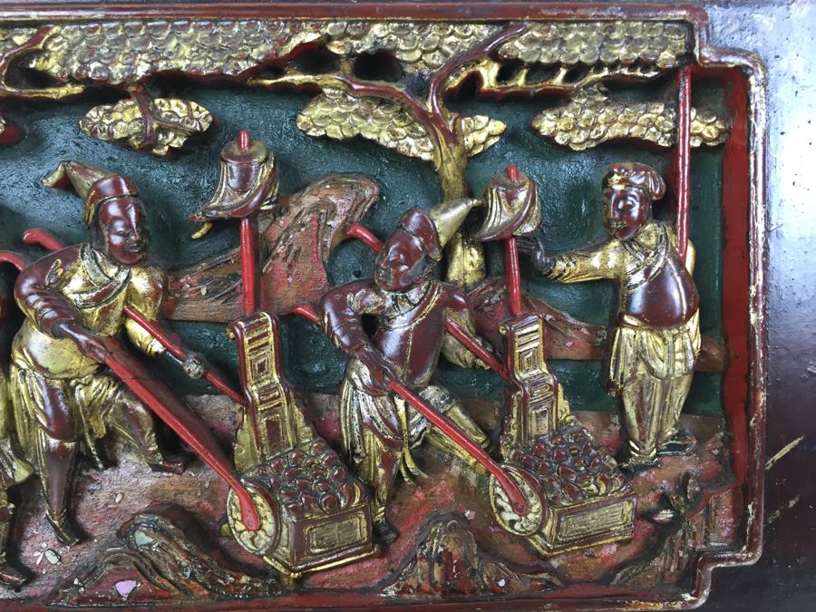 Vintage Signed Chinese Carved Wood Gold & Red Painted Panel [Photo 7]