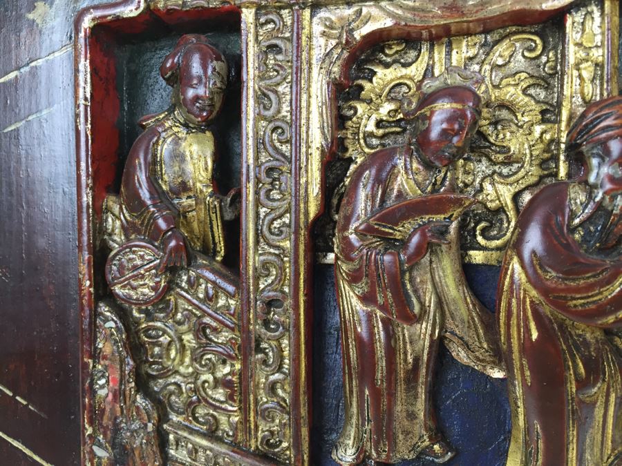 Vintage Signed Chinese Carved Wood Gold & Red Painted Panel [Photo 14]
