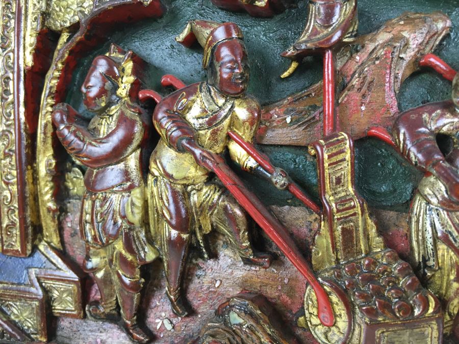 Vintage Signed Chinese Carved Wood Gold & Red Painted Panel [Photo 10]