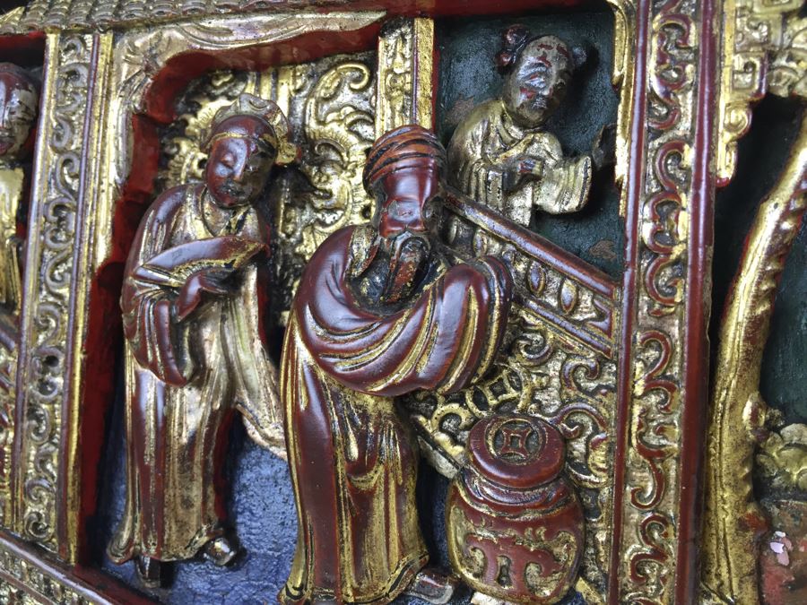 Vintage Signed Chinese Carved Wood Gold & Red Painted Panel [Photo 12]