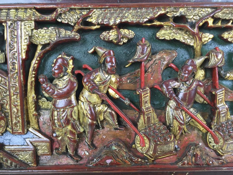 Vintage Signed Chinese Carved Wood Gold & Red Painted Panel [Photo 2]