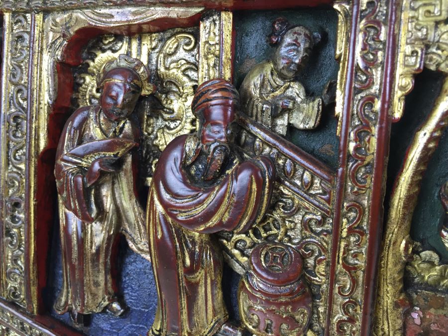 Vintage Signed Chinese Carved Wood Gold & Red Painted Panel [Photo 13]