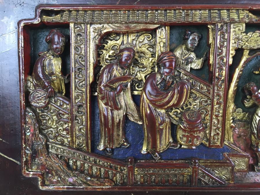 Vintage Signed Chinese Carved Wood Gold & Red Painted Panel [Photo 5]