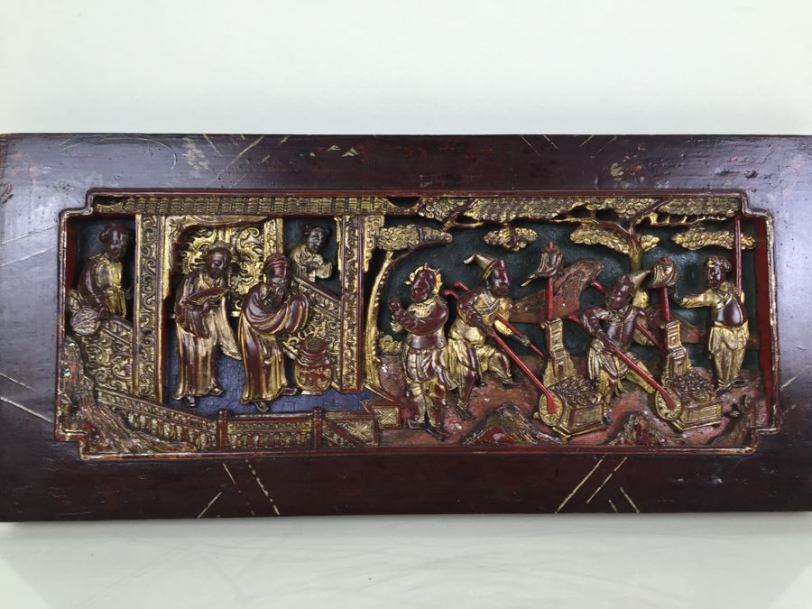 Vintage Signed Chinese Carved Wood Gold & Red Painted Panel [Photo 19]