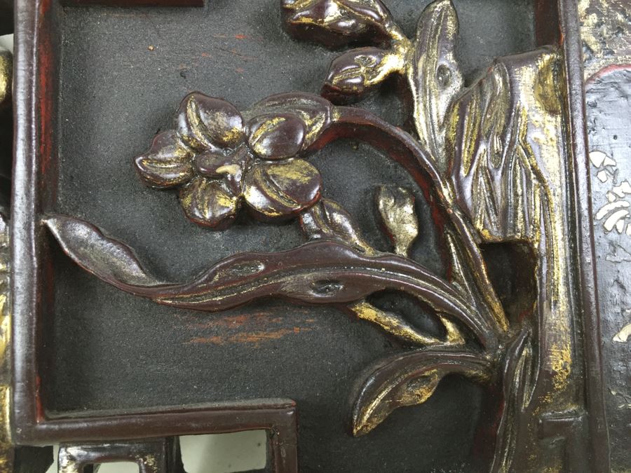 Vintage Signed Chinese Carved Wood Gold & Red Painted Panel With Mother Of Pearl Inlay [Photo 18]
