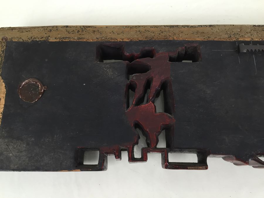 Vintage Signed Chinese Carved Wood Gold & Red Painted Panel With Mother Of Pearl Inlay [Photo 24]