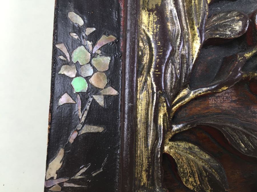 Vintage Signed Chinese Carved Wood Gold & Red Painted Panel With Mother Of Pearl Inlay [Photo 8]