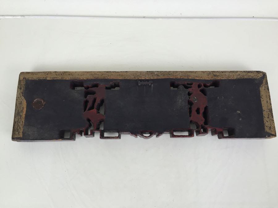 Vintage Signed Chinese Carved Wood Gold & Red Painted Panel With Mother Of Pearl Inlay [Photo 23]