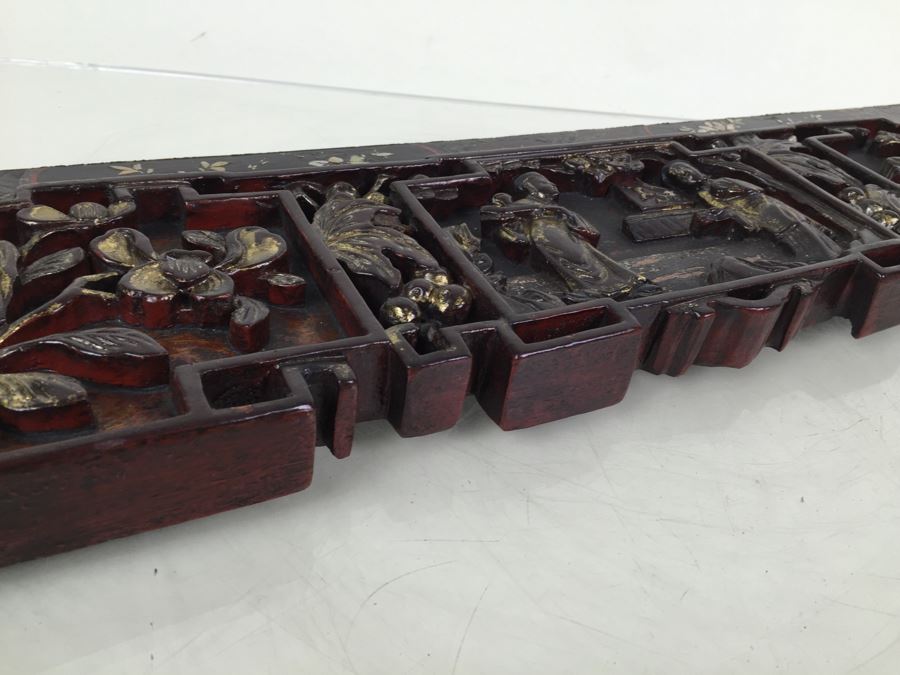 Vintage Signed Chinese Carved Wood Gold & Red Painted Panel With Mother Of Pearl Inlay [Photo 21]