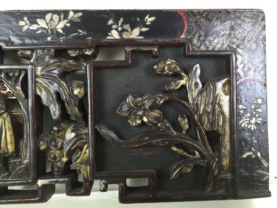 Vintage Signed Chinese Carved Wood Gold & Red Painted Panel With Mother Of Pearl Inlay [Photo 7]