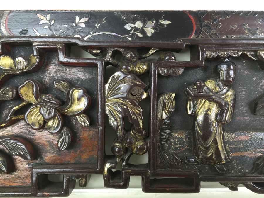 Vintage Signed Chinese Carved Wood Gold & Red Painted Panel With Mother Of Pearl Inlay [Photo 6]