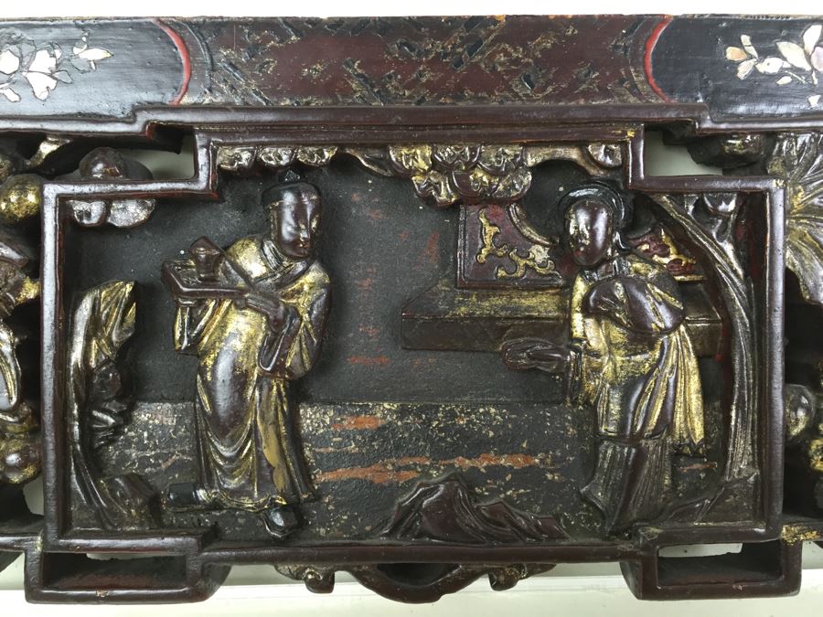 Vintage Signed Chinese Carved Wood Gold & Red Painted Panel With Mother Of Pearl Inlay [Photo 2]