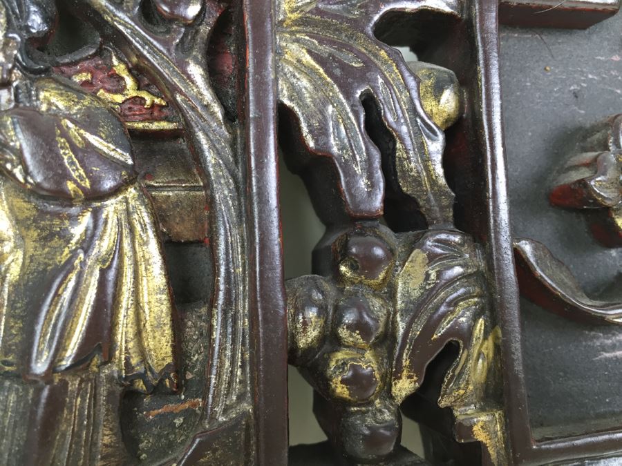 Vintage Signed Chinese Carved Wood Gold & Red Painted Panel With Mother Of Pearl Inlay [Photo 17]