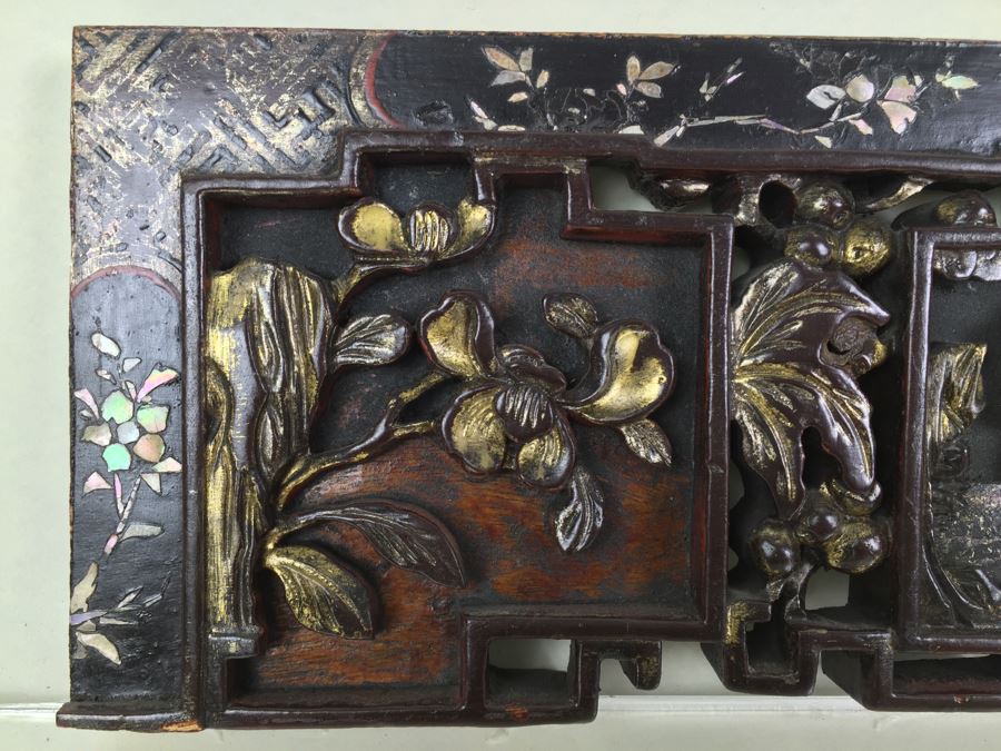 Vintage Signed Chinese Carved Wood Gold & Red Painted Panel With Mother Of Pearl Inlay [Photo 5]