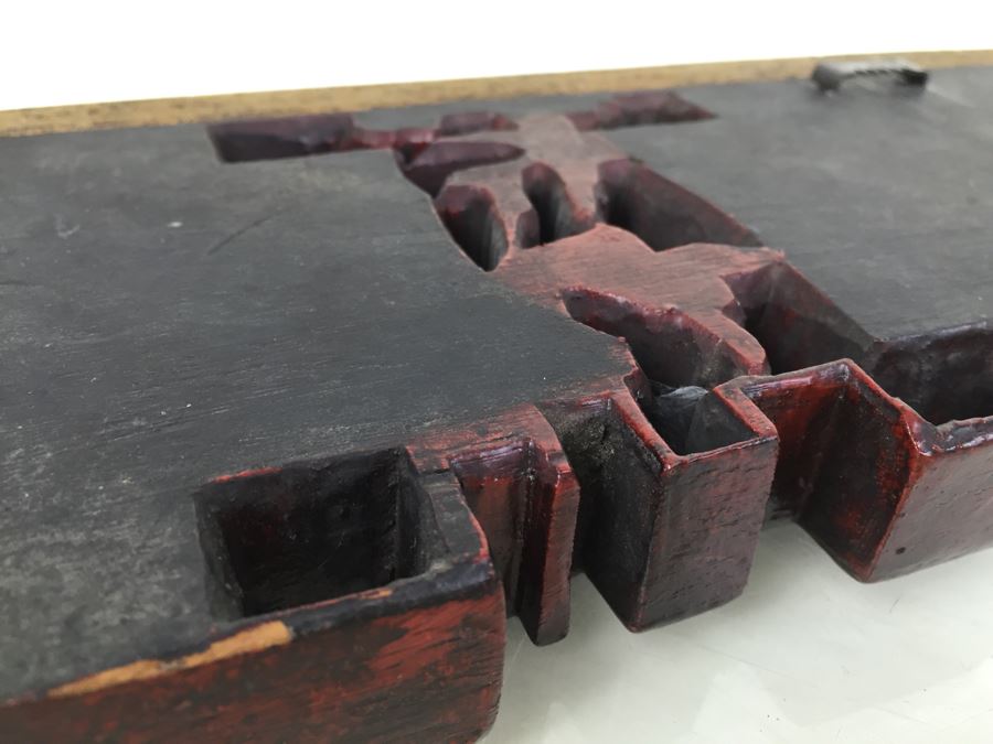 Vintage Signed Chinese Carved Wood Gold & Red Painted Panel With Mother Of Pearl Inlay [Photo 25]