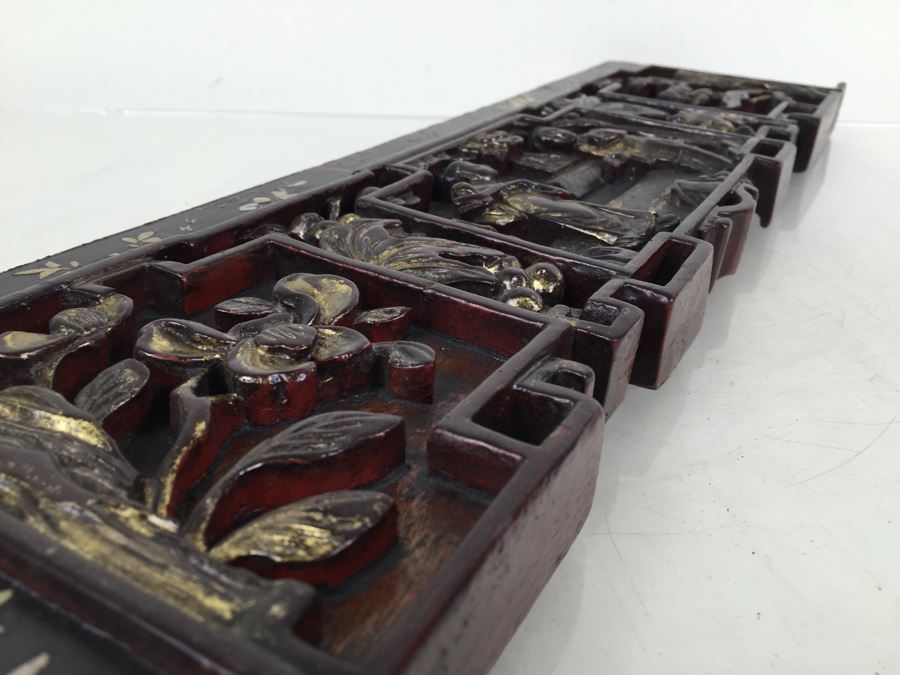 Vintage Signed Chinese Carved Wood Gold & Red Painted Panel With Mother Of Pearl Inlay [Photo 22]