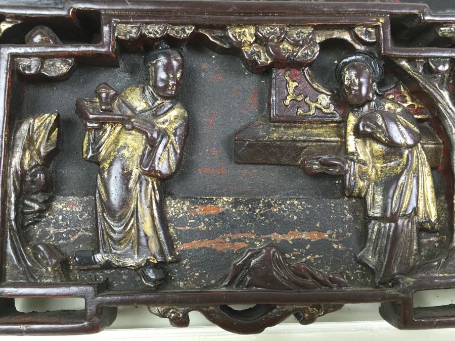 Vintage Signed Chinese Carved Wood Gold & Red Painted Panel With Mother Of Pearl Inlay [Photo 14]