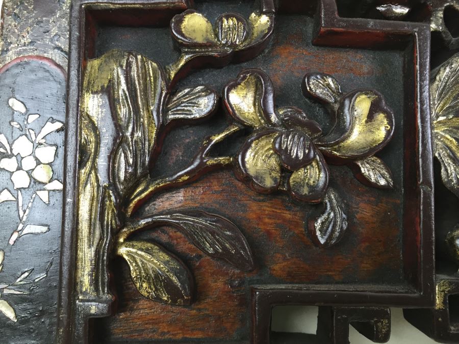 Vintage Signed Chinese Carved Wood Gold & Red Painted Panel With Mother Of Pearl Inlay [Photo 10]
