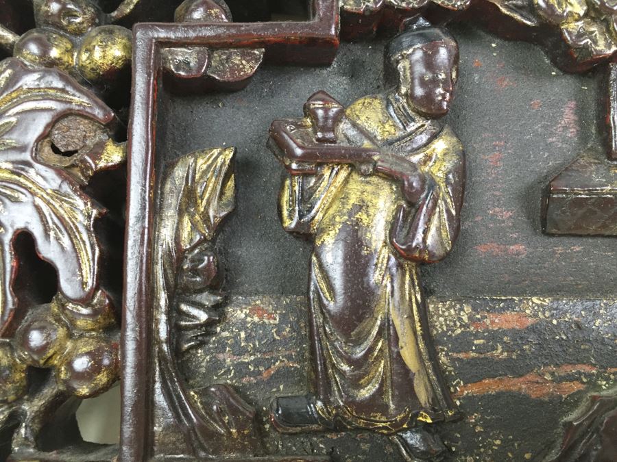 Vintage Signed Chinese Carved Wood Gold & Red Painted Panel With Mother Of Pearl Inlay [Photo 15]