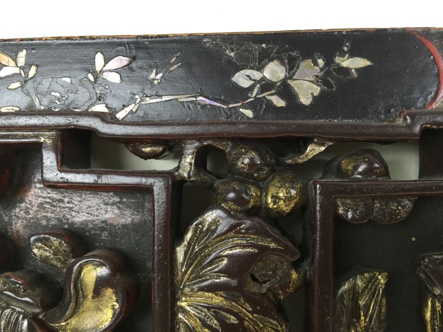 Vintage Signed Chinese Carved Wood Gold & Red Painted Panel With Mother Of Pearl Inlay [Photo 12]