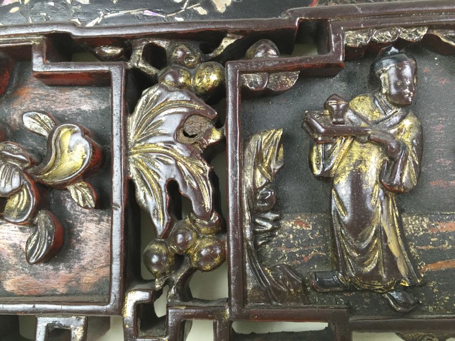 Vintage Signed Chinese Carved Wood Gold & Red Painted Panel With Mother Of Pearl Inlay [Photo 11]