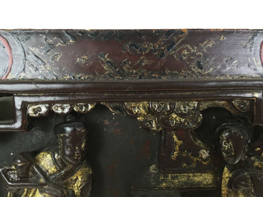 Vintage Signed Chinese Carved Wood Gold & Red Painted Panel With Mother Of Pearl Inlay [Photo 13]