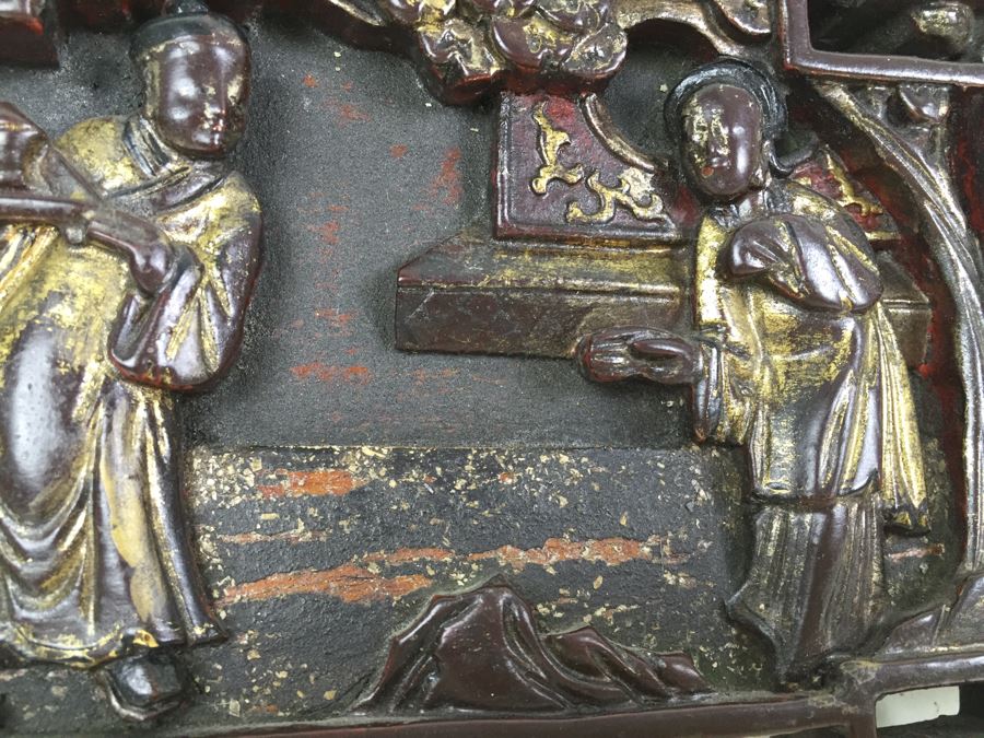 Vintage Signed Chinese Carved Wood Gold & Red Painted Panel With Mother Of Pearl Inlay [Photo 16]