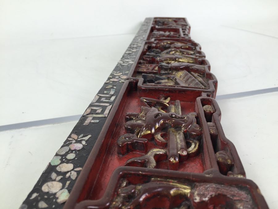 Vintage Signed Chinese Carved Wood Gold & Red Painted Panel With Mother Of Pearl Inlay [Photo 35]