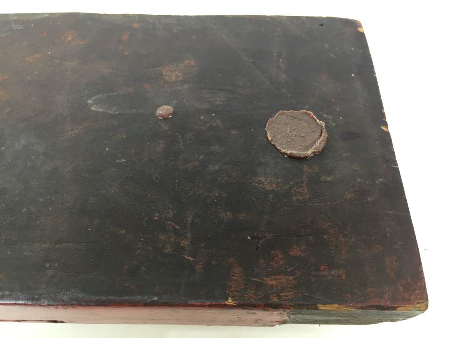 Vintage Signed Chinese Carved Wood Gold & Red Painted Panel With Mother Of Pearl Inlay [Photo 37]