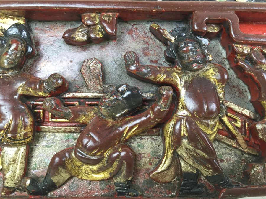 Vintage Signed Chinese Carved Wood Gold & Red Painted Panel With Mother Of Pearl Inlay [Photo 10]
