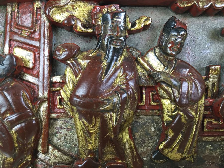 Vintage Signed Chinese Carved Wood Gold & Red Painted Panel With Mother Of Pearl Inlay [Photo 16]