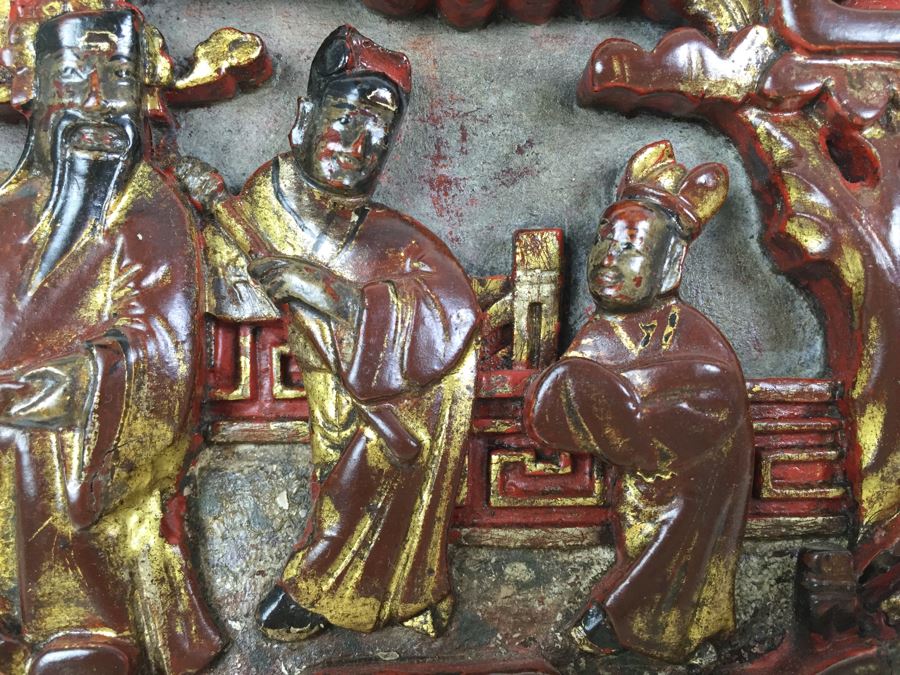 Vintage Signed Chinese Carved Wood Gold & Red Painted Panel With Mother Of Pearl Inlay [Photo 17]